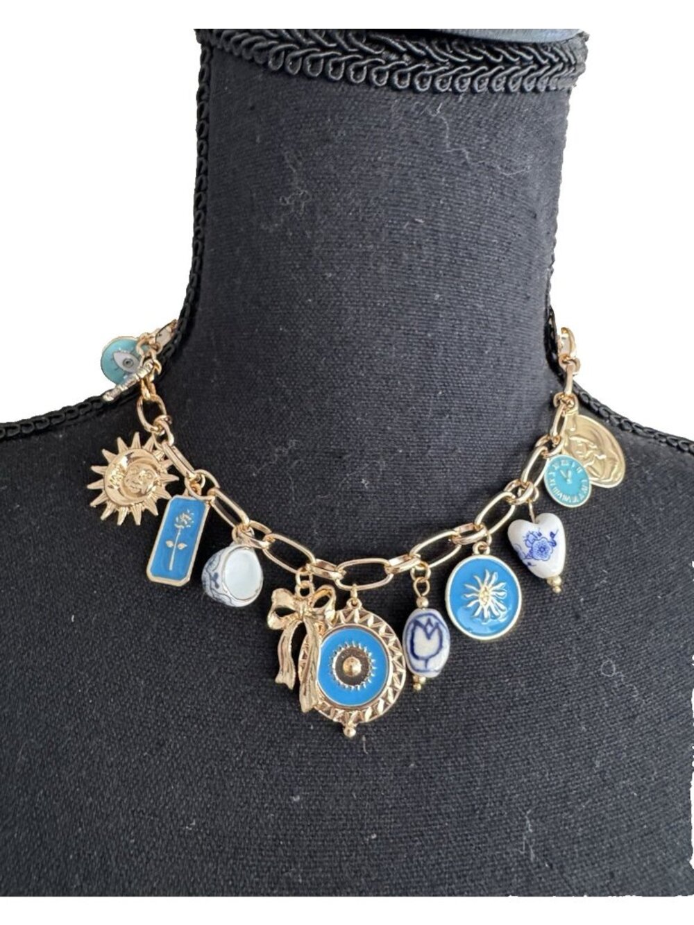 Charm Evil Eye Coins Teacup Heart Blue Goldtone Chain Statement Necklace 16" NEW